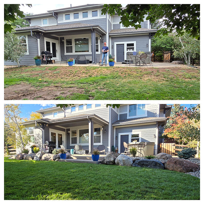 A small hillside solution creating a ton of impact! Lawn re-graded for better usability and drainage, raised boulder bed with select plants providing subtle separation from the patio, and wide concrete steps for a modern tie-in and intentional transition.