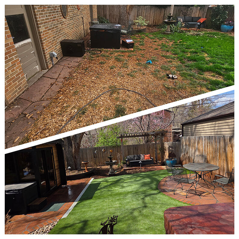 Sauna build, flagstone patios, and synthetic lawn provides a clean and recreational space for pets and owners.
